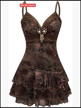 Women Y2K Gothic Boho Beaded Lace Ruffle Paisley Print Tiered Mini Summer Dress